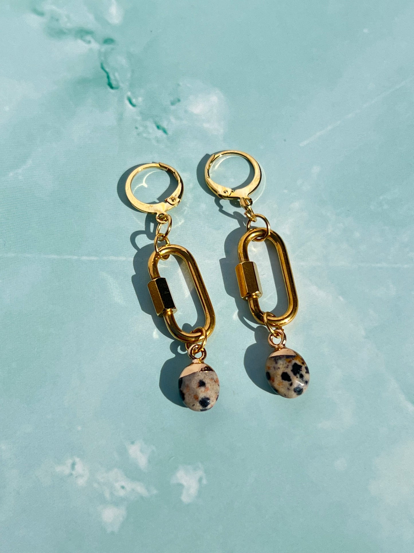 Dalmatian Jasper Gold Carabiner Earrings