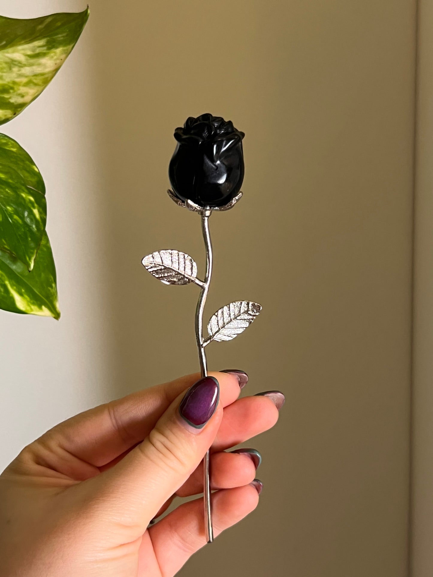 Black Obsidian Rose Silver Stem