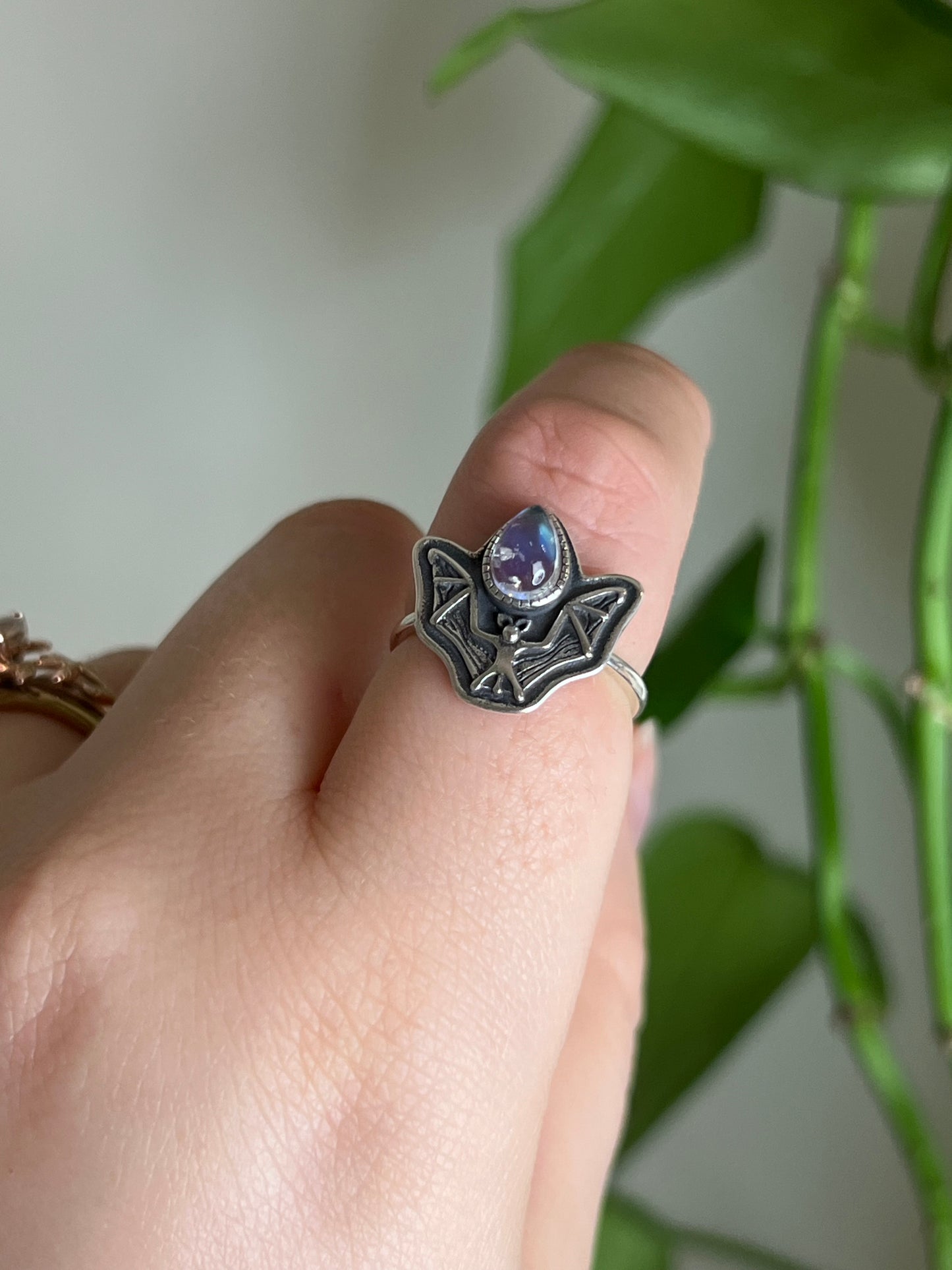 Moonstone Bat Sterling Silver Ring