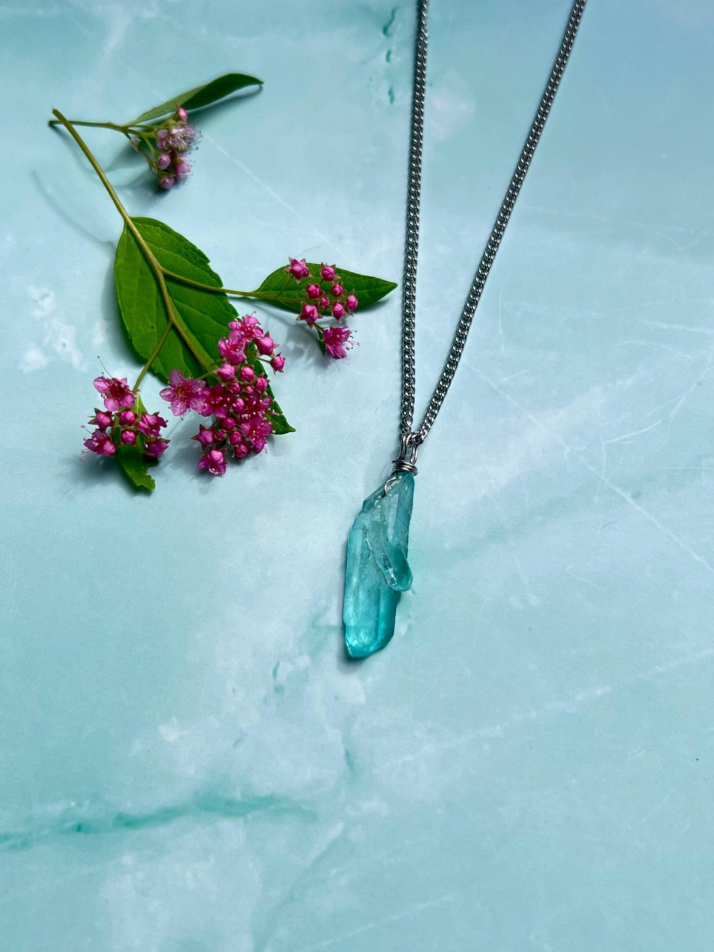 Sky Blue Twin Aura Quartz Point Wrapped Dainty Silver Necklace