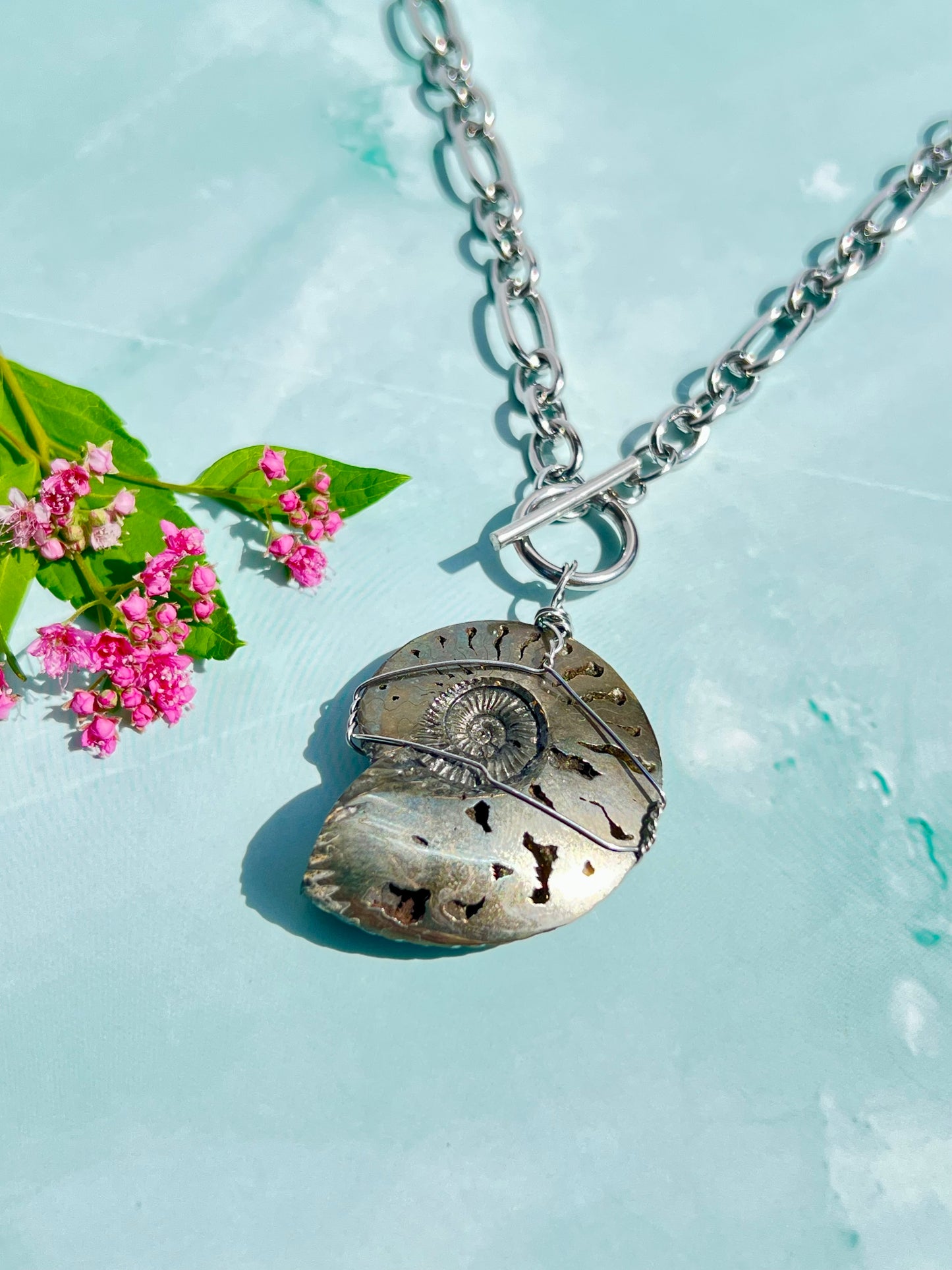 Pyritized Ammonite Fossil (Rare) Wrapped Silver Necklace