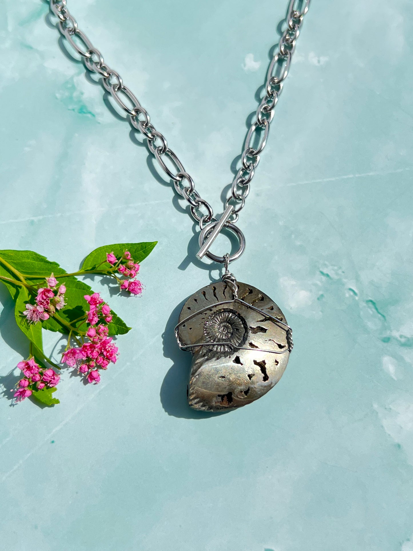 Pyritized Ammonite Fossil (Rare) Wrapped Silver Necklace
