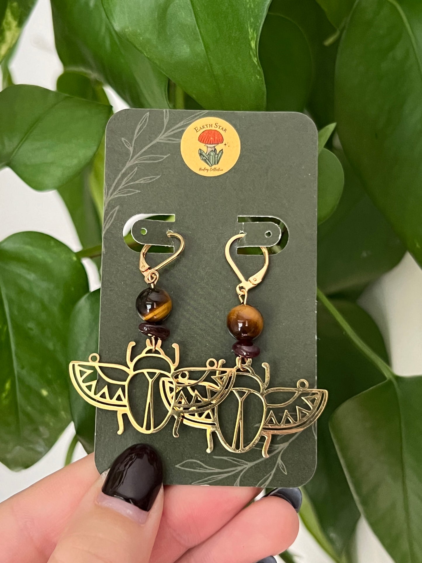 Tigers Eye & Garnet Beetle Earrings