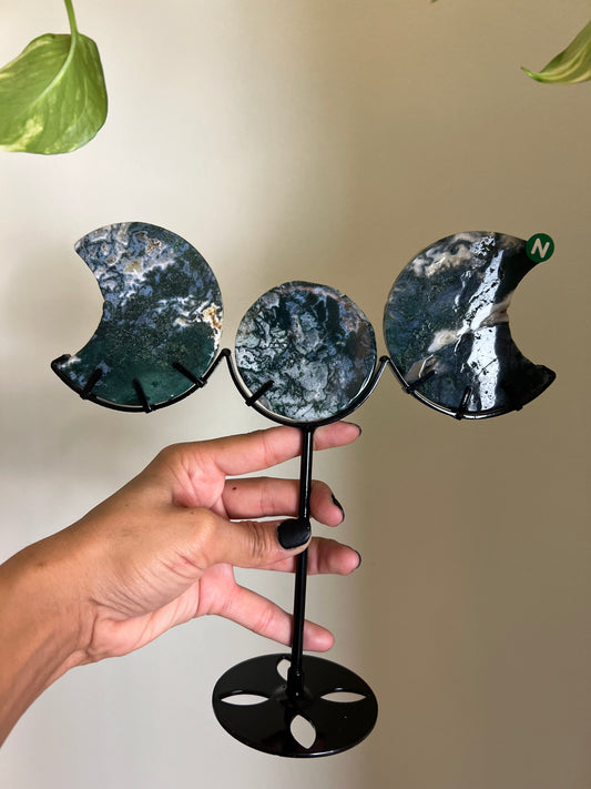 Druzy Moss Agate Triple Moon Stand - N