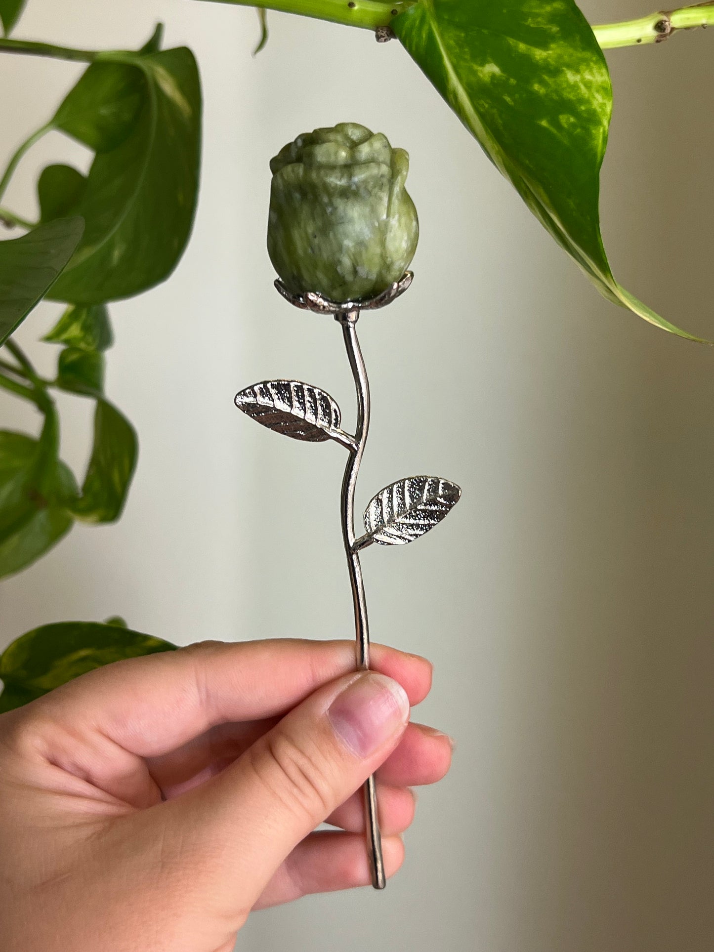 Pastel Jade Rose on Silver Stem
