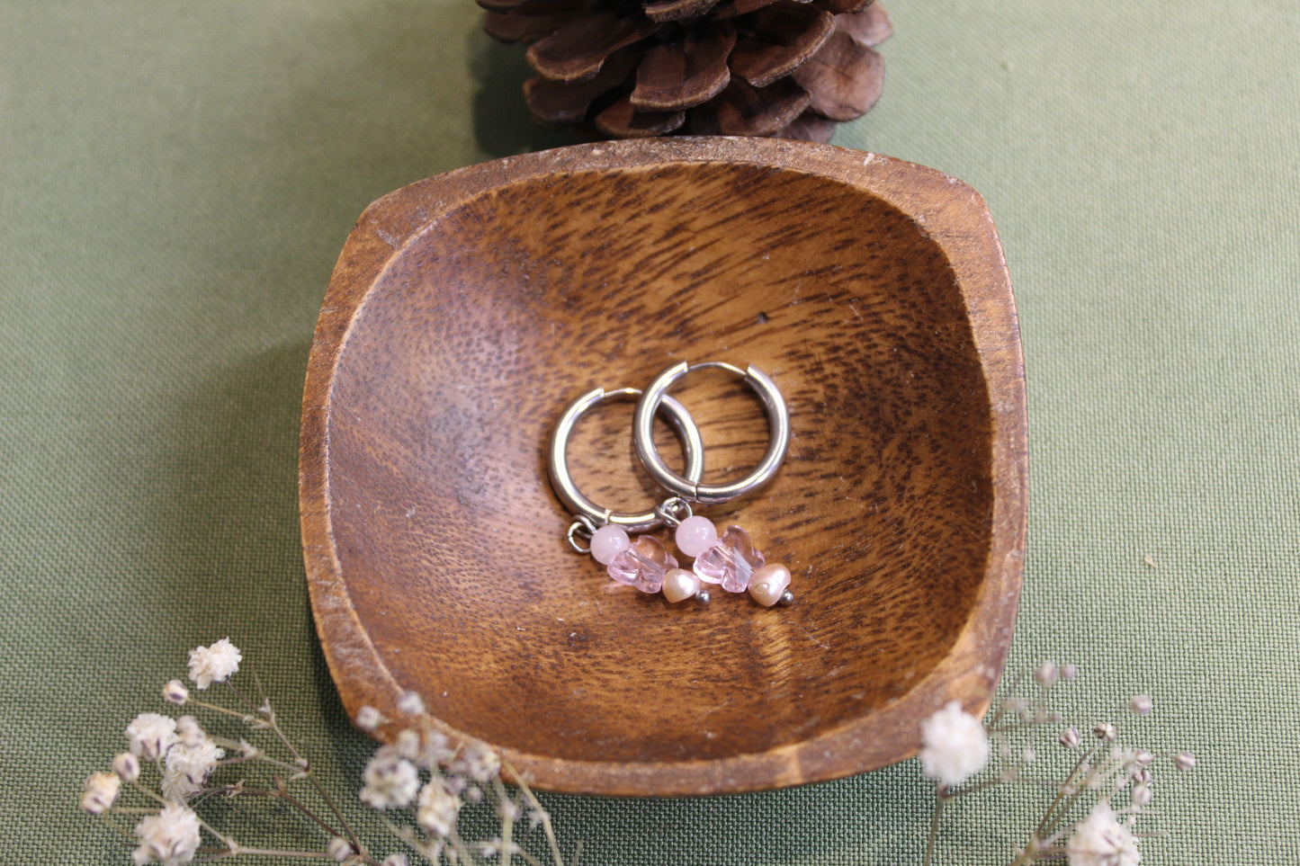 Pearl & Rose Quartz Butterfly Silver Hoops