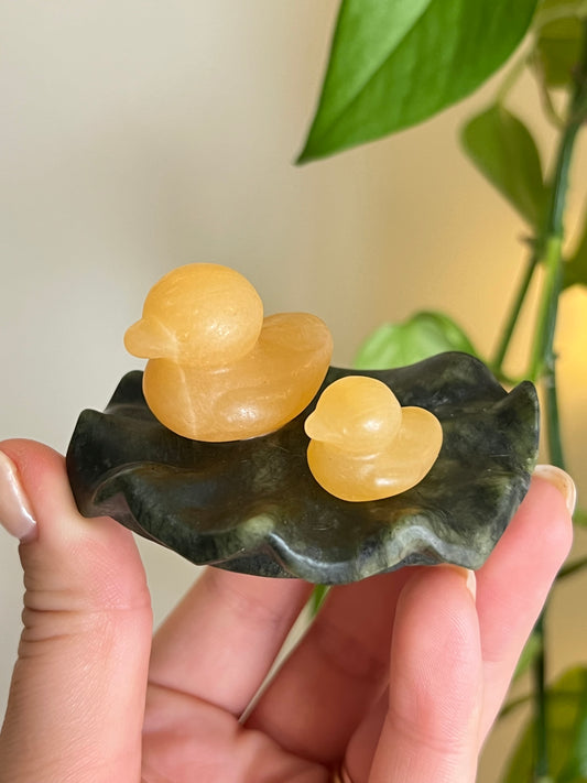 Yellow Calcite Duckies on Jade Leaf