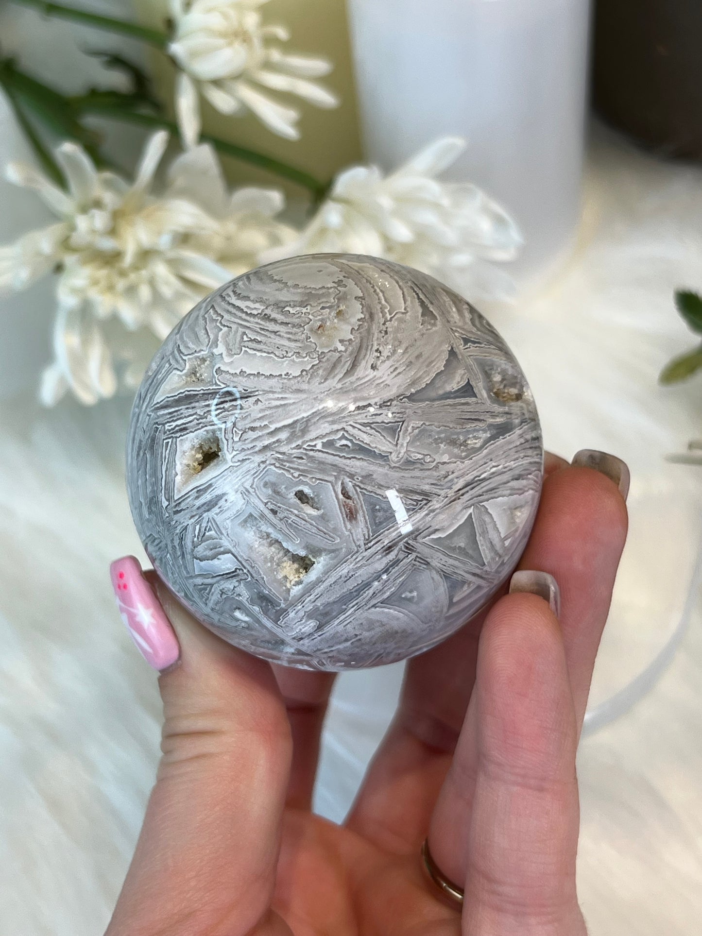 White Lace Agate Druzy Sphere L