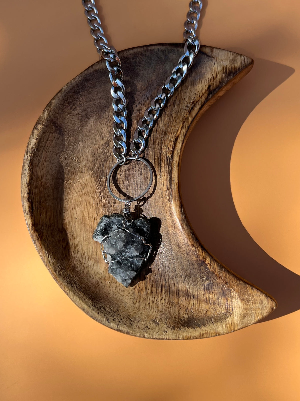 Black Druzy Chalcedony Wrapped Silver Necklace