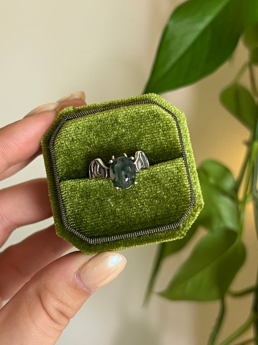 Moss Agate Bat Wings 925 Sterling Silver Adjustable Ring