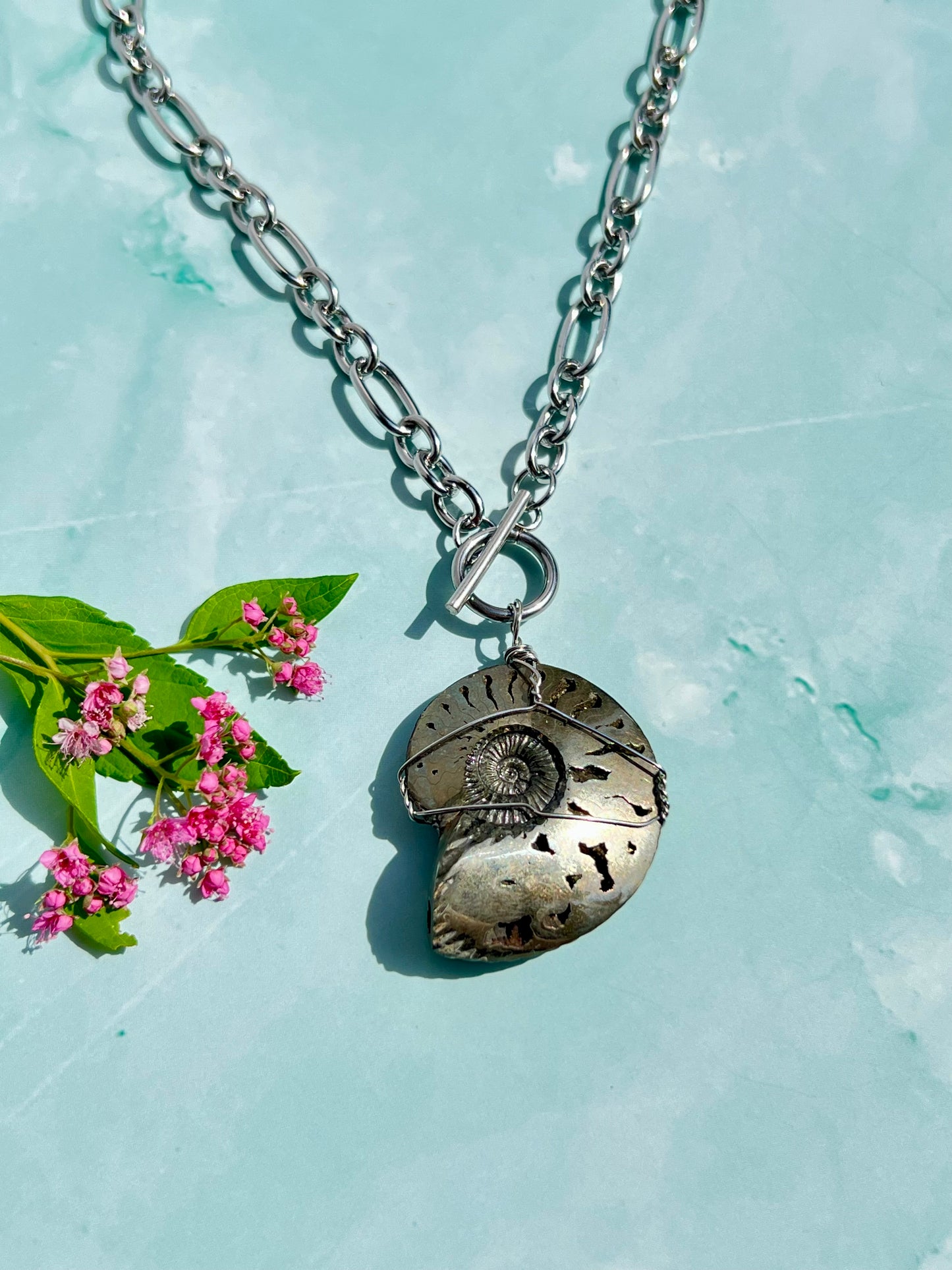 Pyritized Ammonite Fossil (Rare) Wrapped Silver Necklace