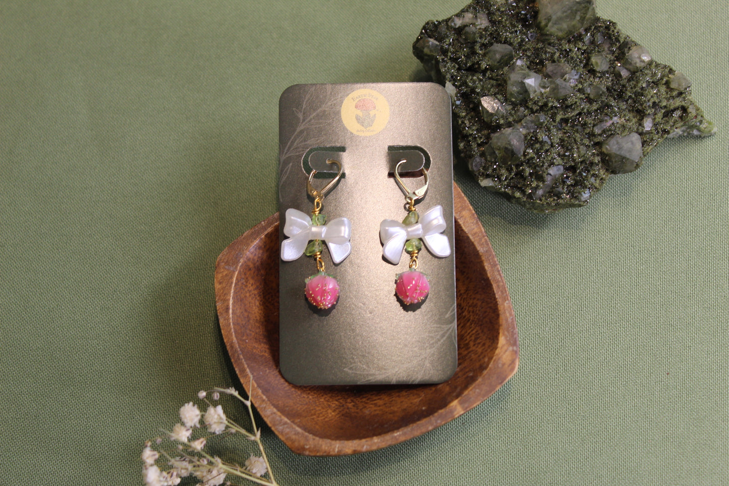 Peridot Pink Berry Bow Gold Hoops