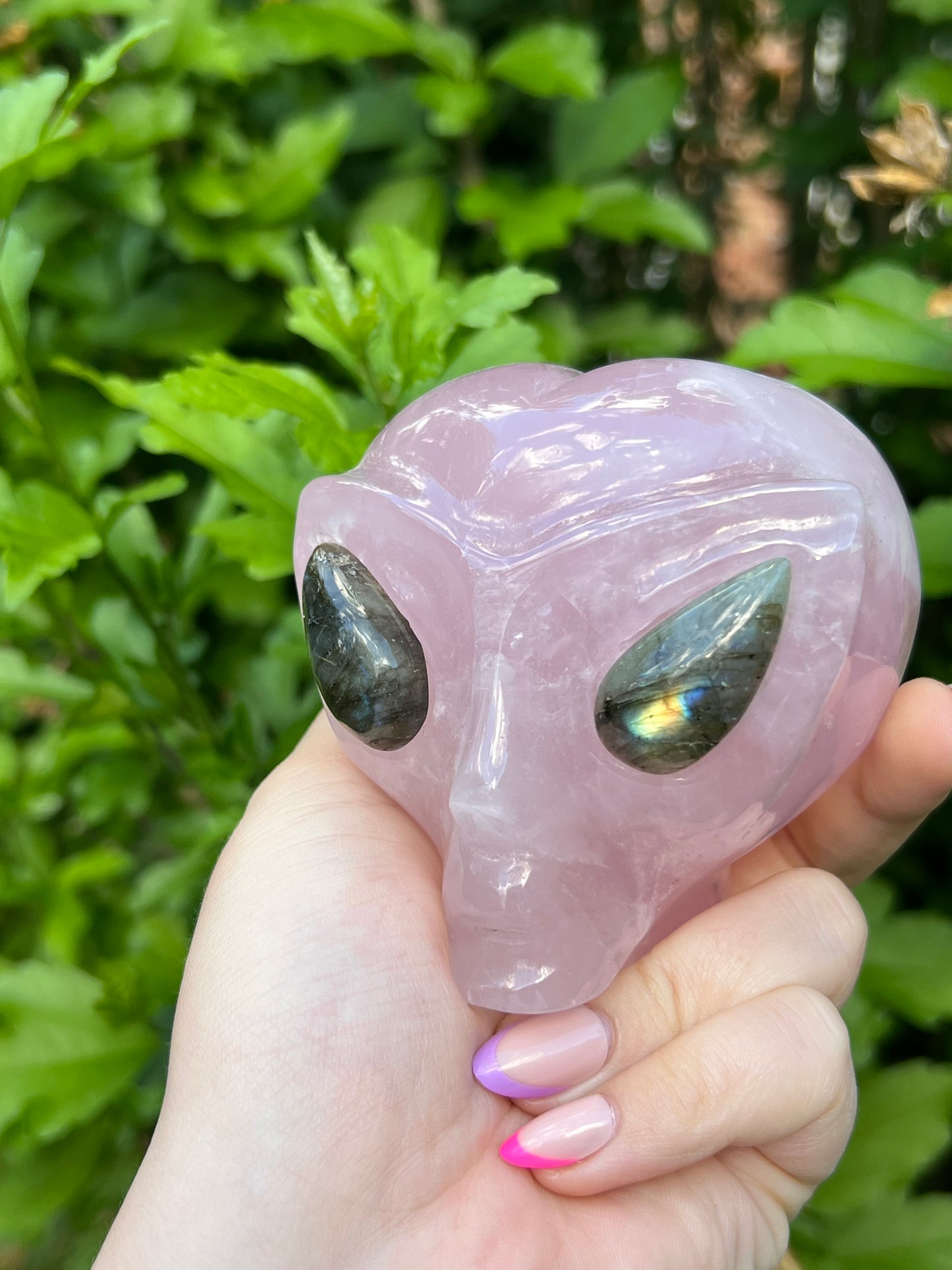 Rose Quartz Alien with Flashy Labradorite Eyes