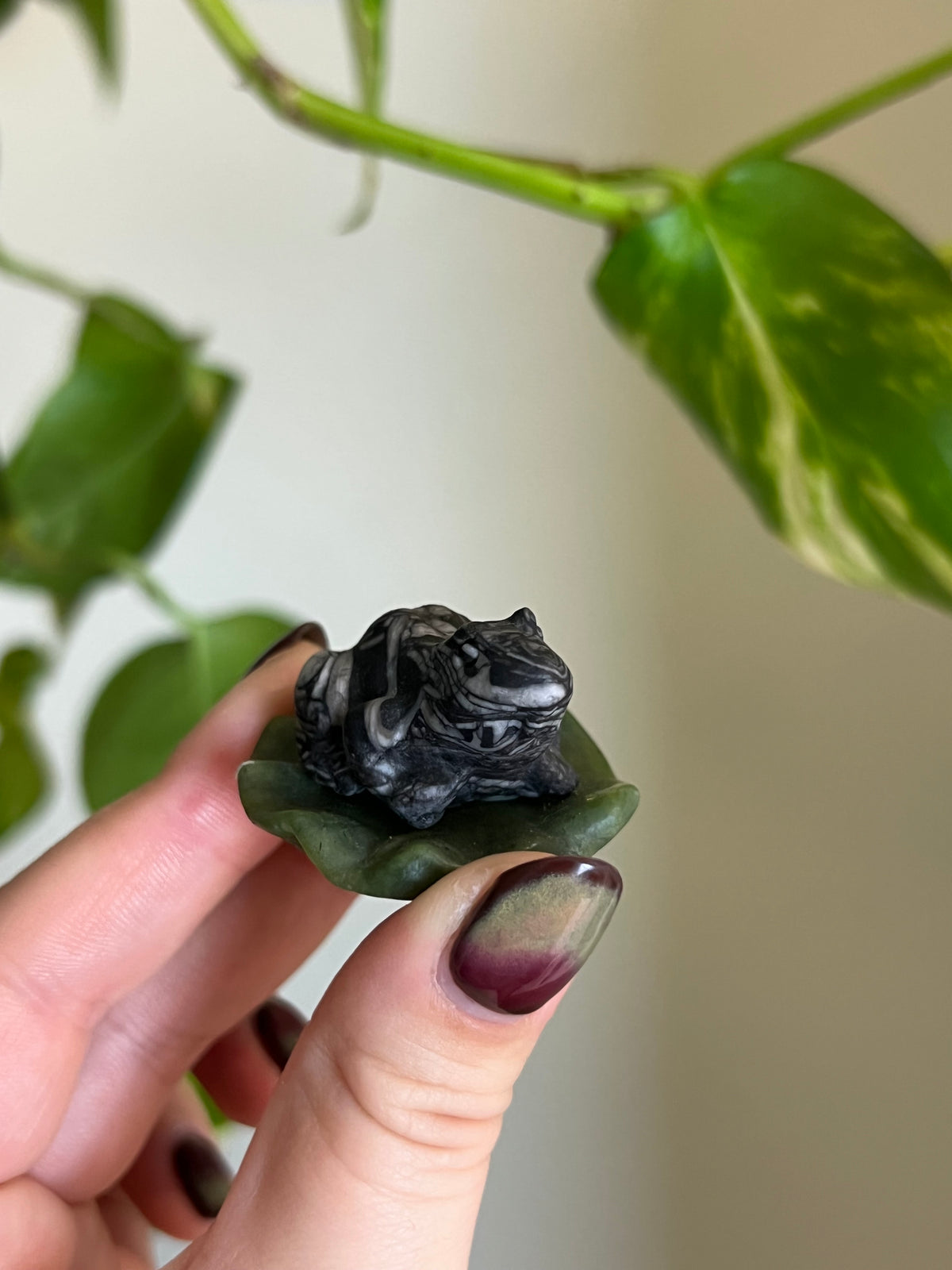 Zebra Jasper Frog on Jade Lily Pad