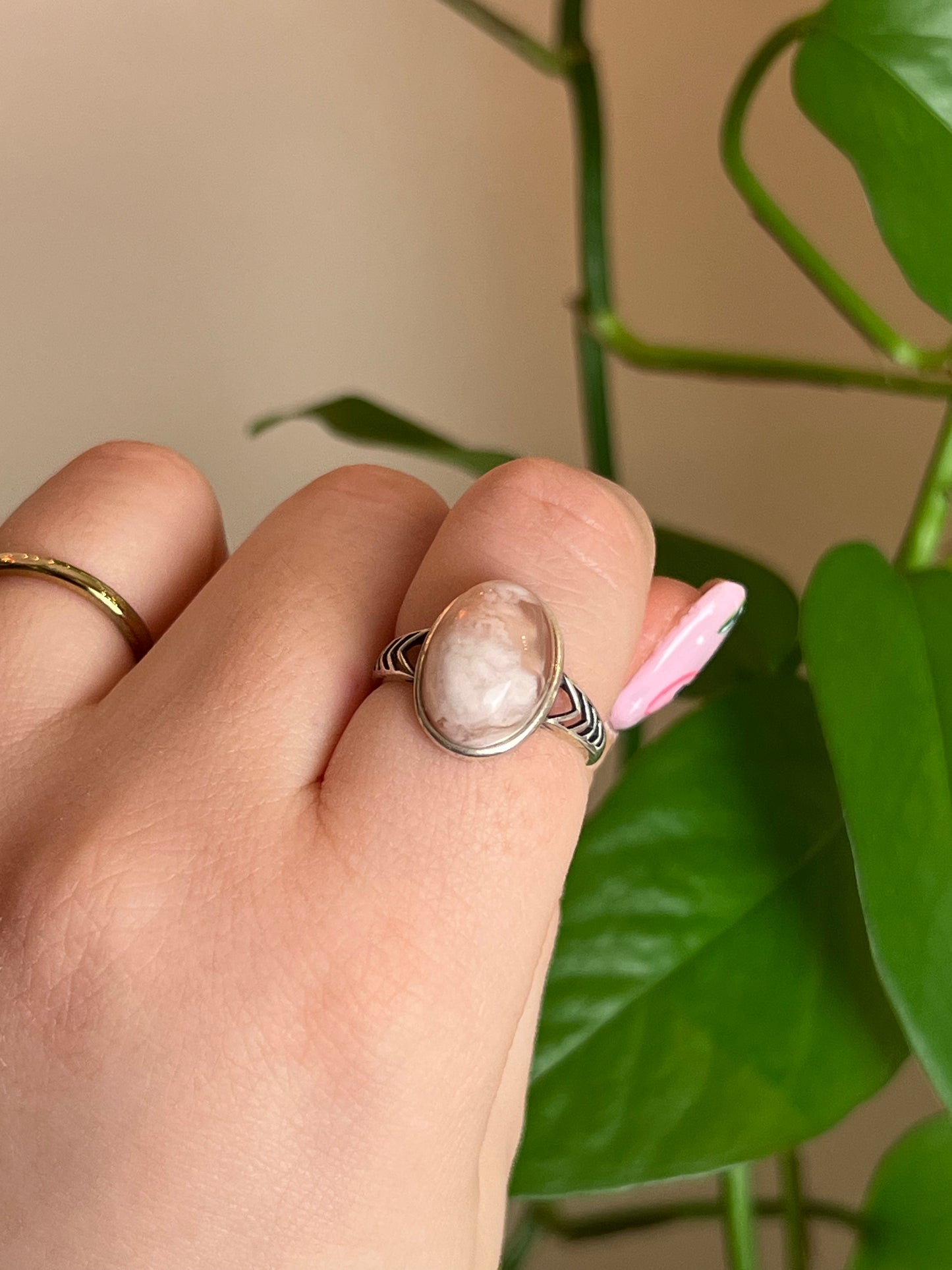 Flower Agate Sterling Silver Adjustable Ring - C