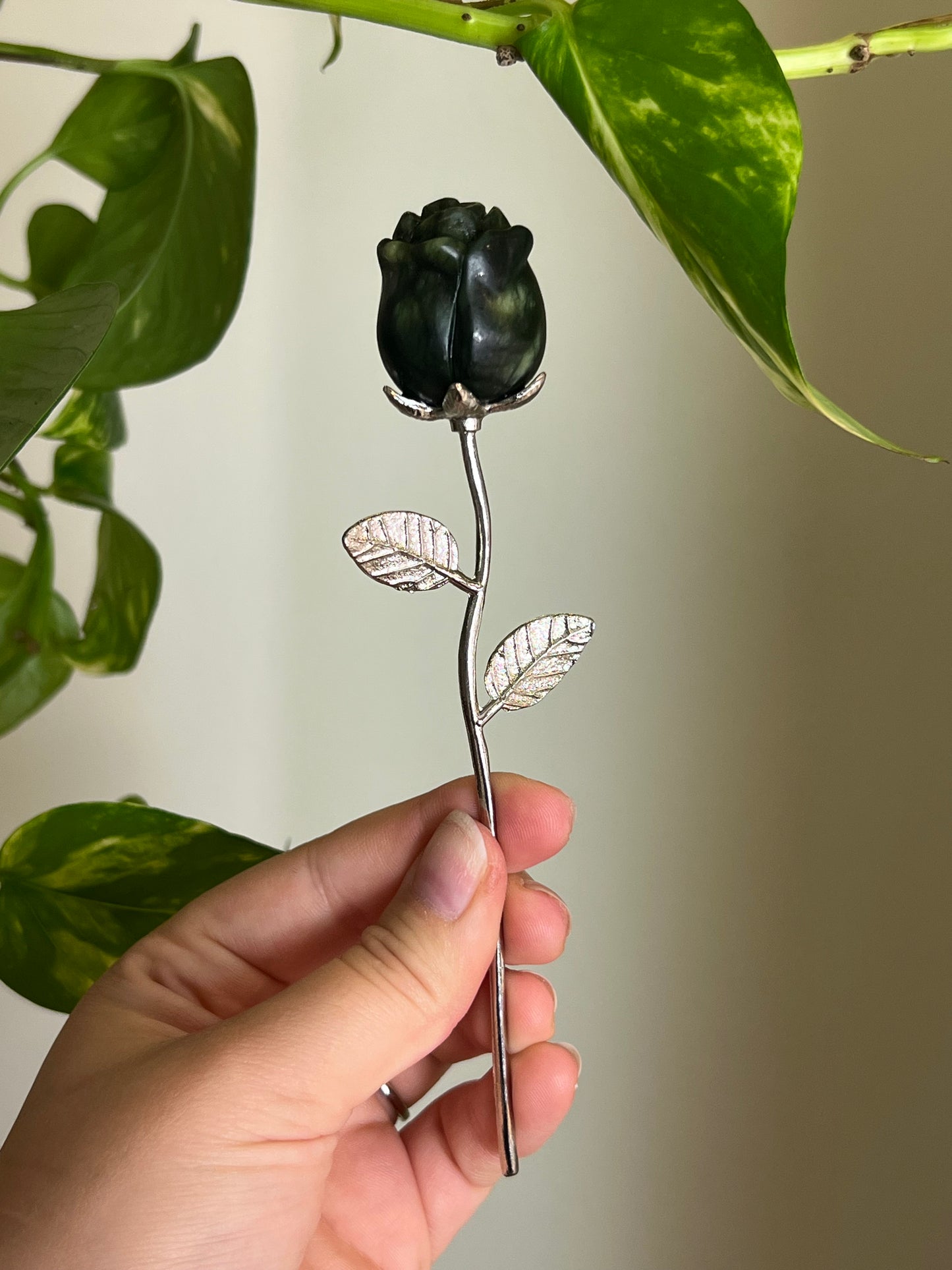 Moody Jade Rose on Silver Stem
