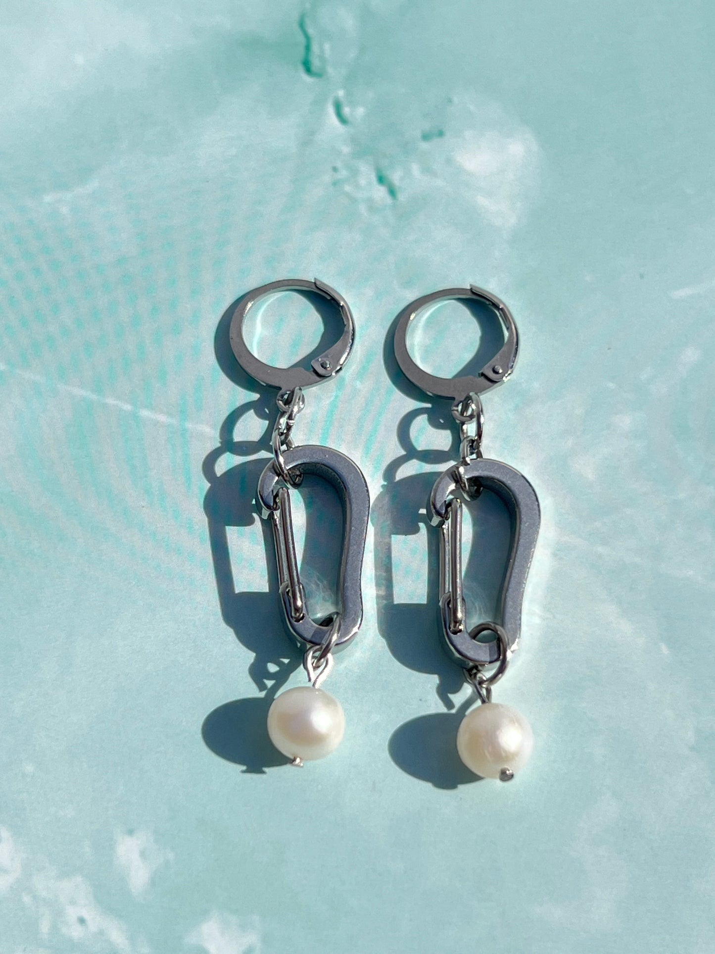 Freshwater Pearl Silver Carabiner Earrings