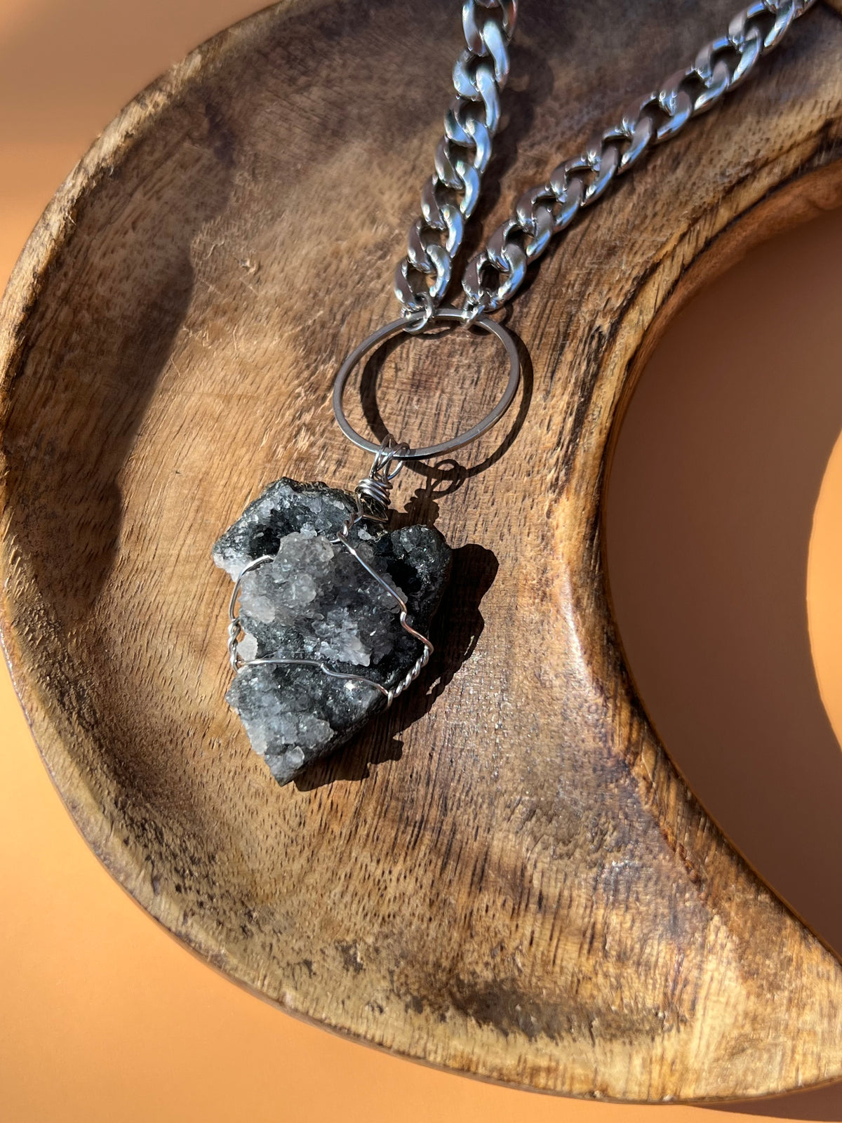 Black Druzy Chalcedony Wrapped Silver Necklace