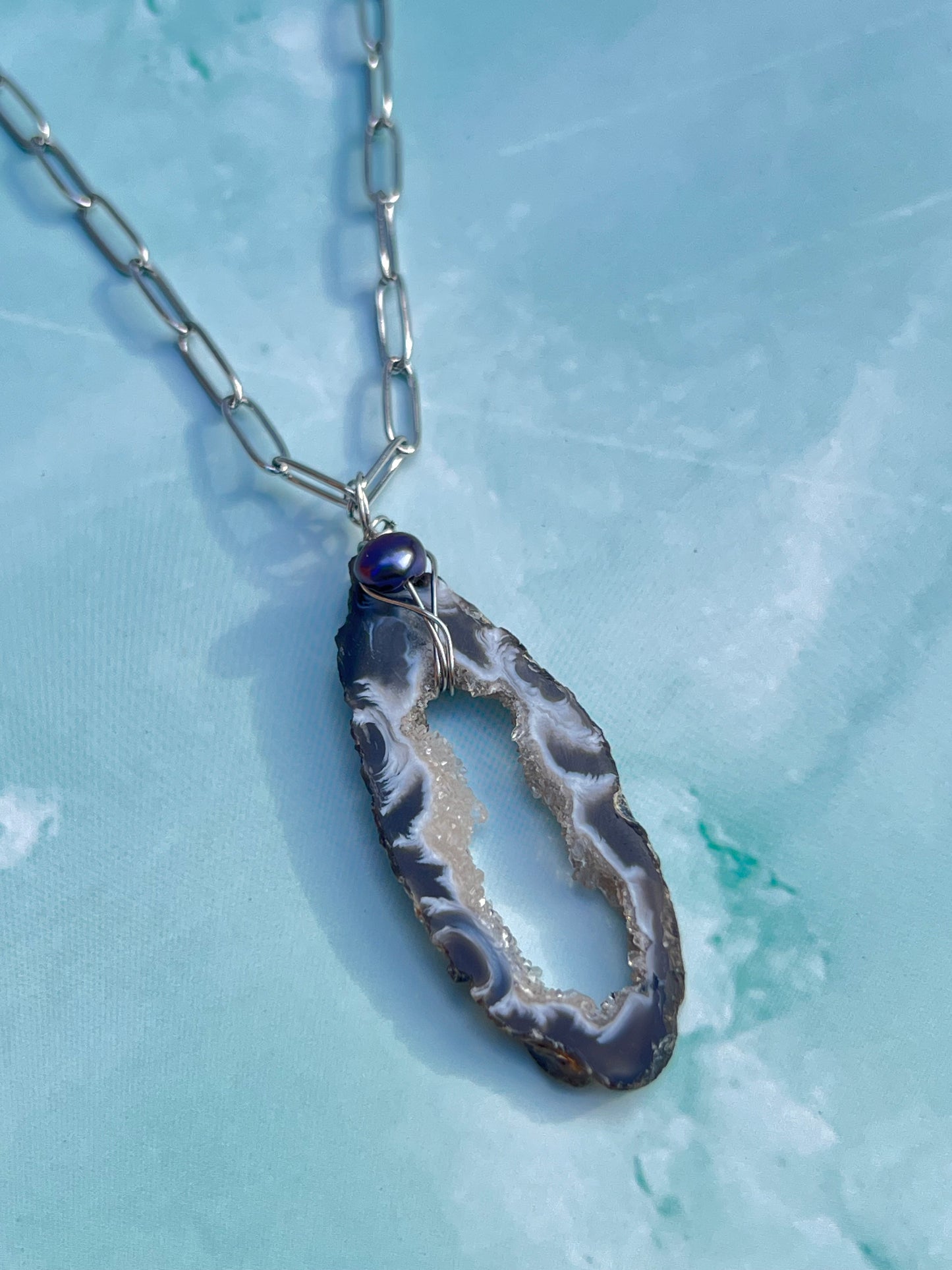 Freshwater Pearl and Druzy Agate Necklace - 2