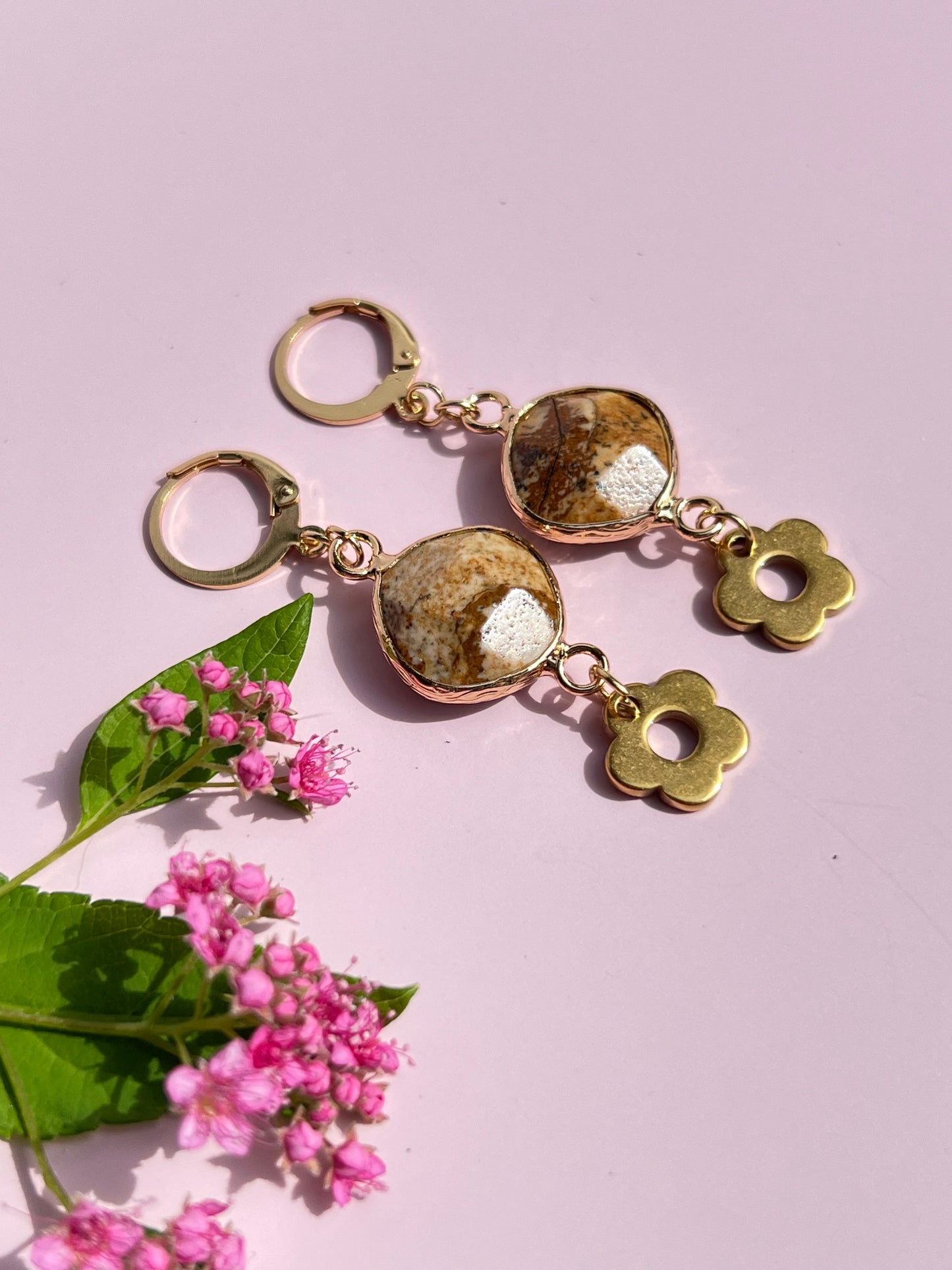 Picture Jasper Flower Power Gold Huggies 🌼