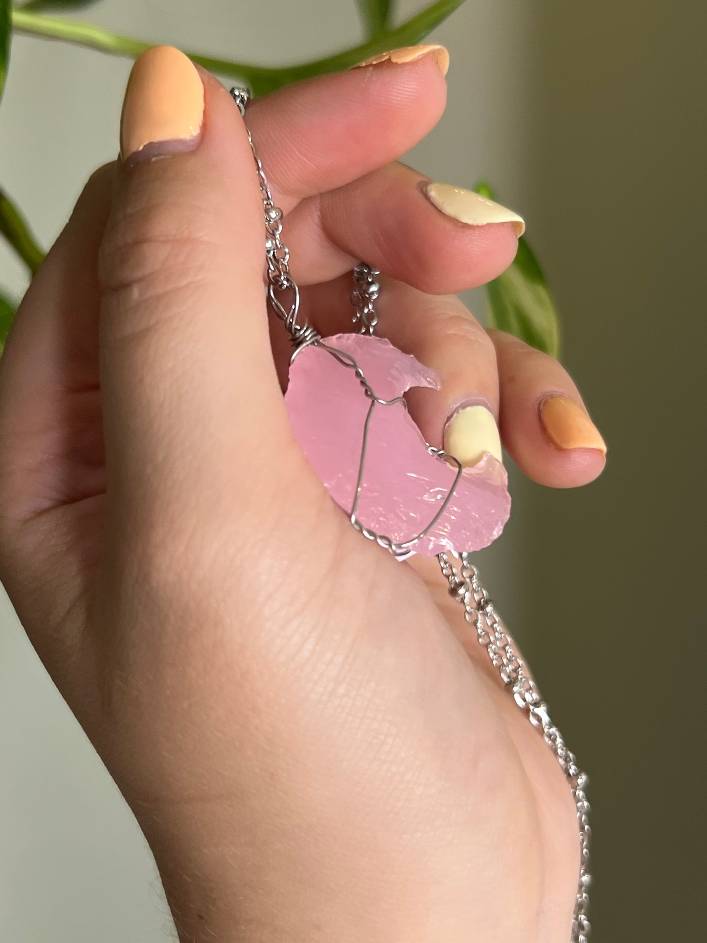 Rose Quartz Moon Wrapped Silver Necklace