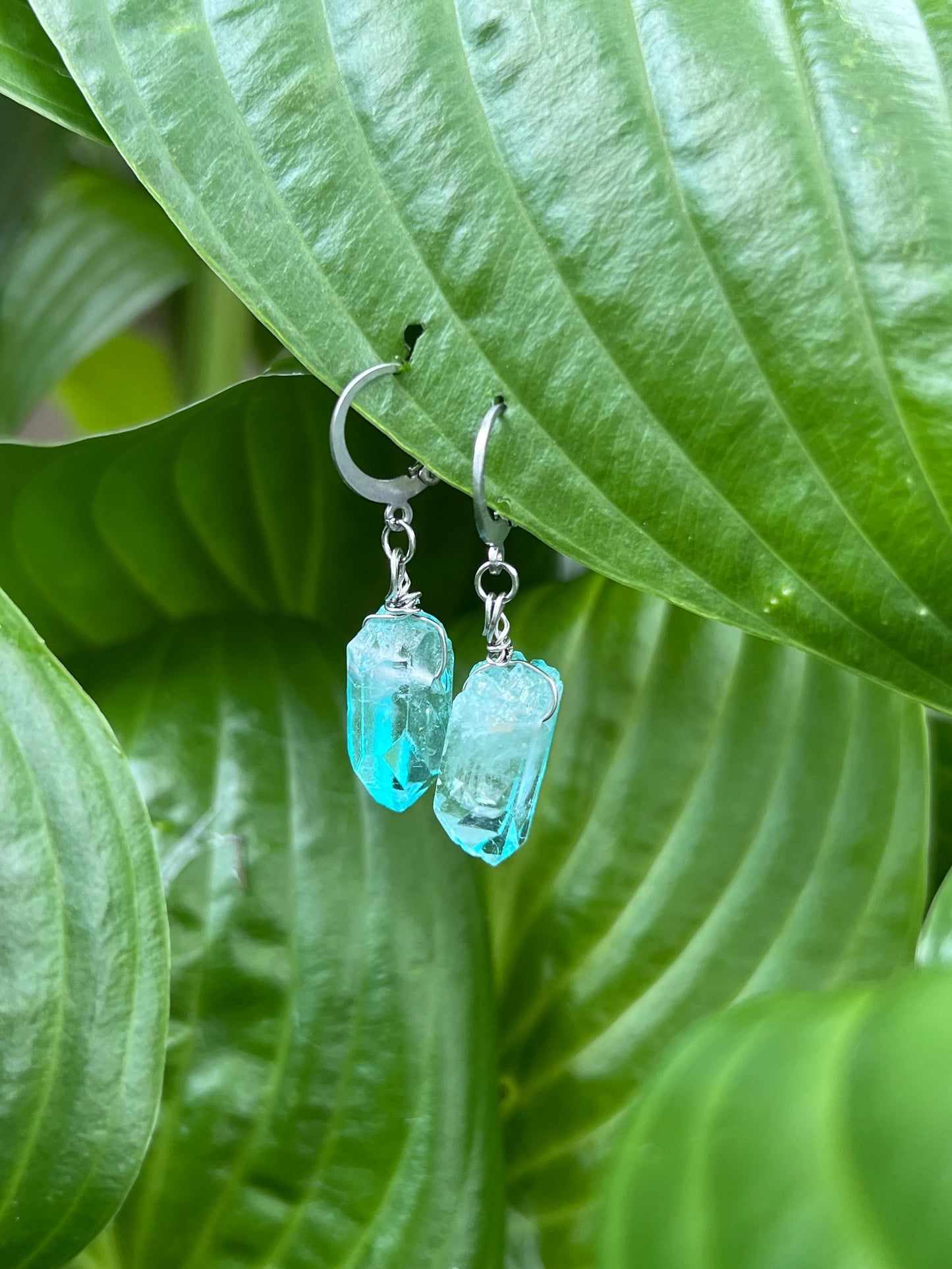 Sky Blue Aura Quartz Point Huggies 🌊