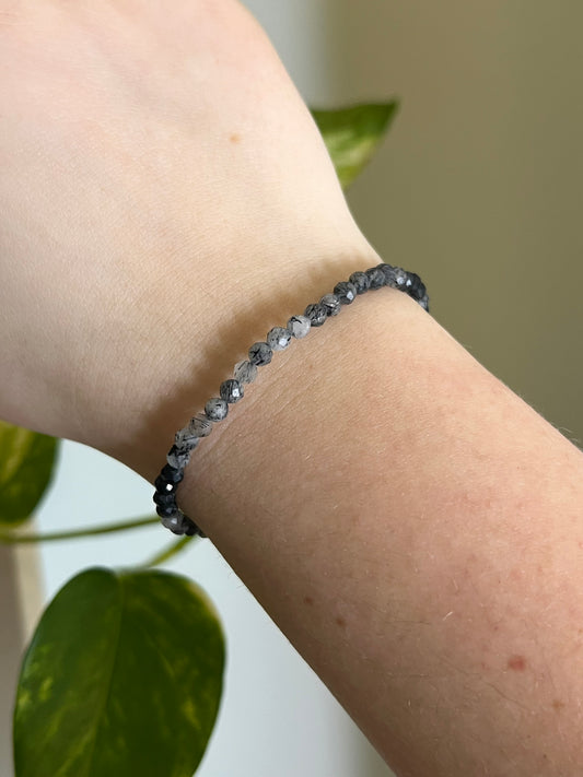 4mm Black Tourmaline in Quartz Faceted Bracelet