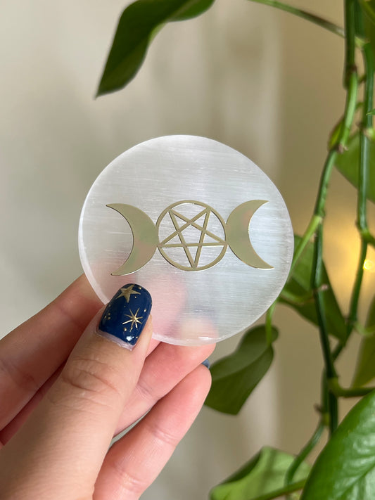 Selenite Satin Spar Triple Moon Goddess Gold Plate