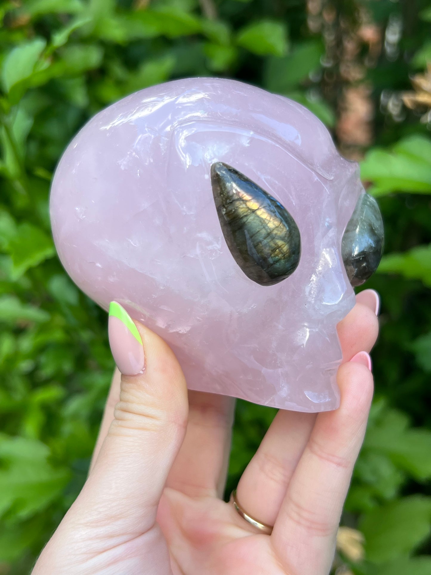 Rose Quartz Alien with Flashy Labradorite Eyes