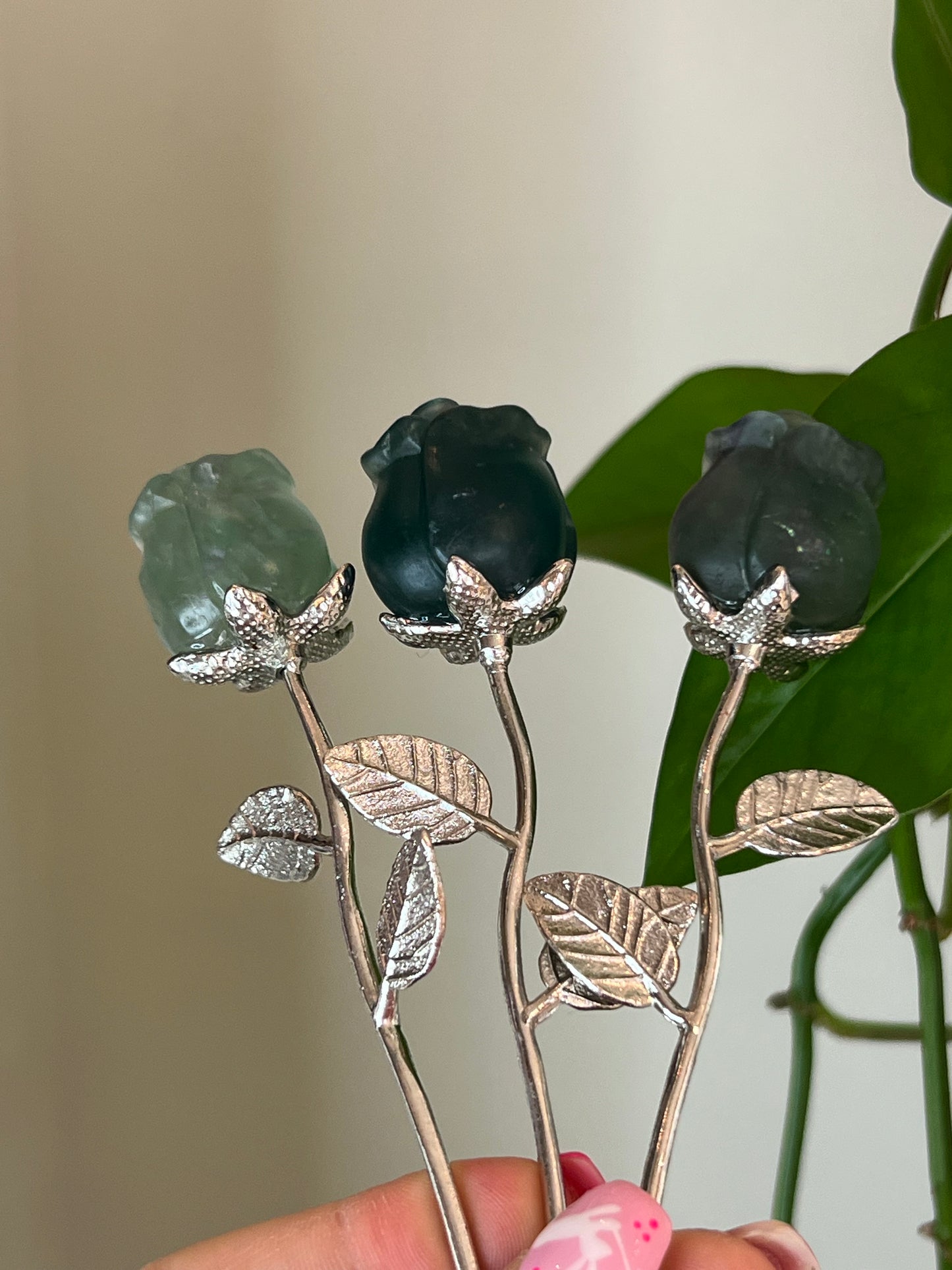 Green Fluorite Rose Silver Stem