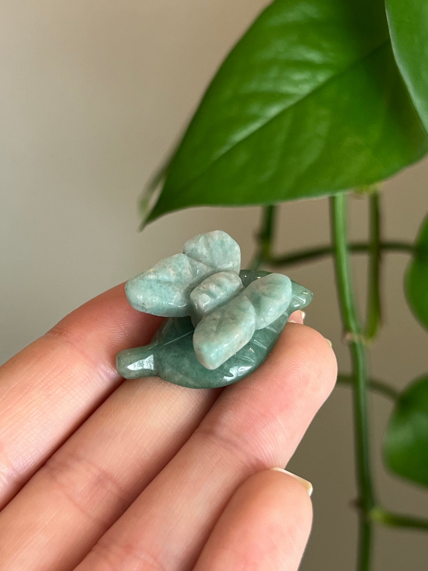 Amazonite Butterfly on Green Aventurine Leaf