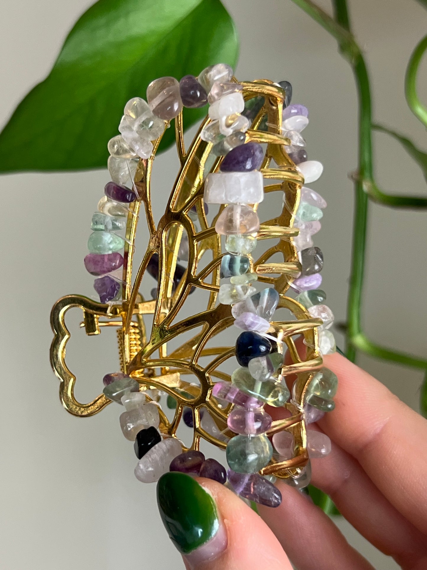 Rainbow Fluorite Fairy Claw Clip - Gold