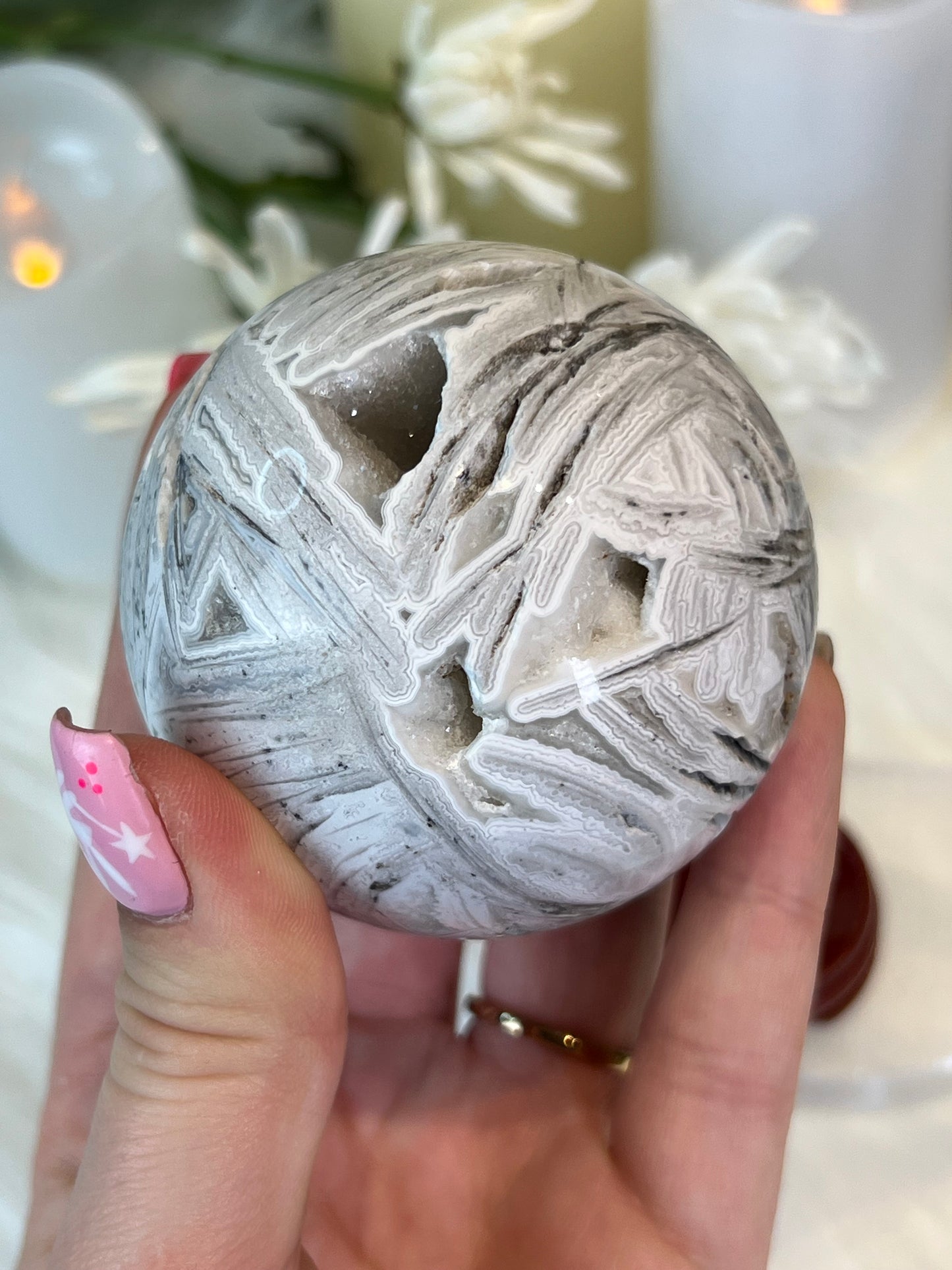 White Lace Agate Druzy Sphere A