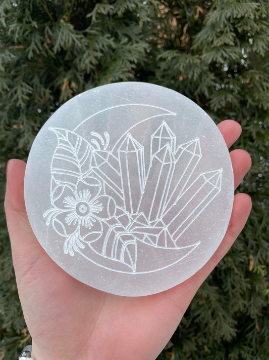 Selenite Satin Spar Crystal Floral Plate